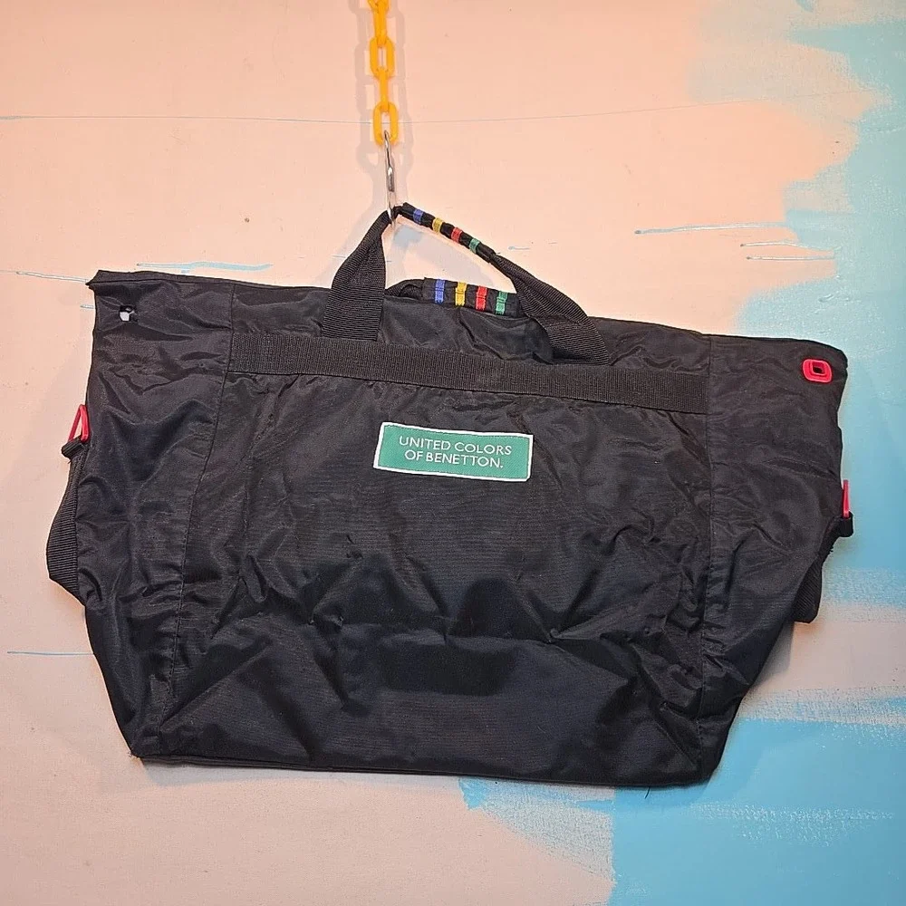 Vtg 1990s United Colors Of Benetton Nylon Duffel Black Logo‎ Colorblock Pockets